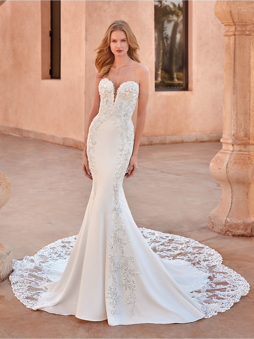 Strapless Lace-Embellished Mermaid Wedding Gown in Ivory Demetrios 1085